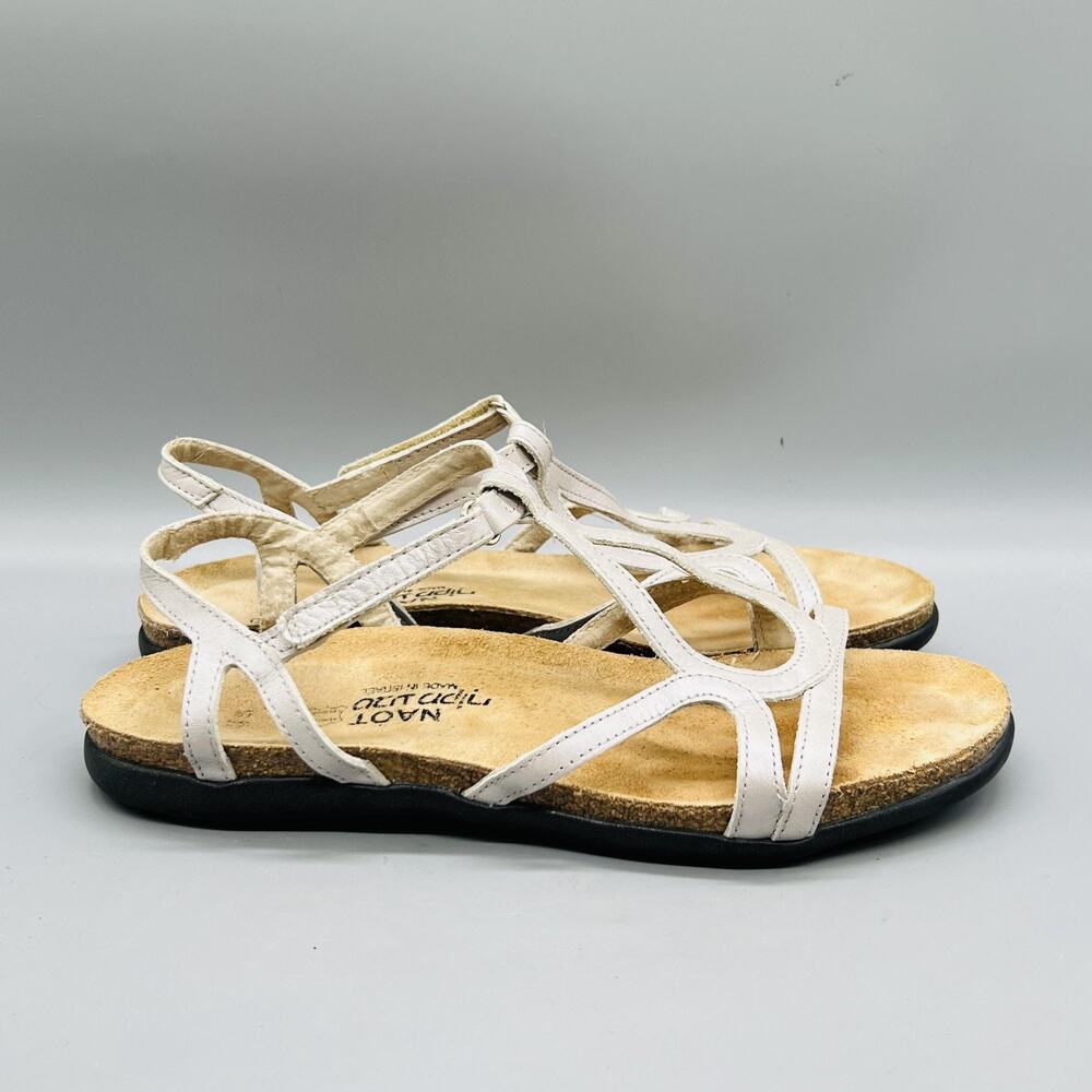 Naot Sandals Womens 9 White Leather Strappy Ankle Hook & Loop Flat Comfort Shoes
